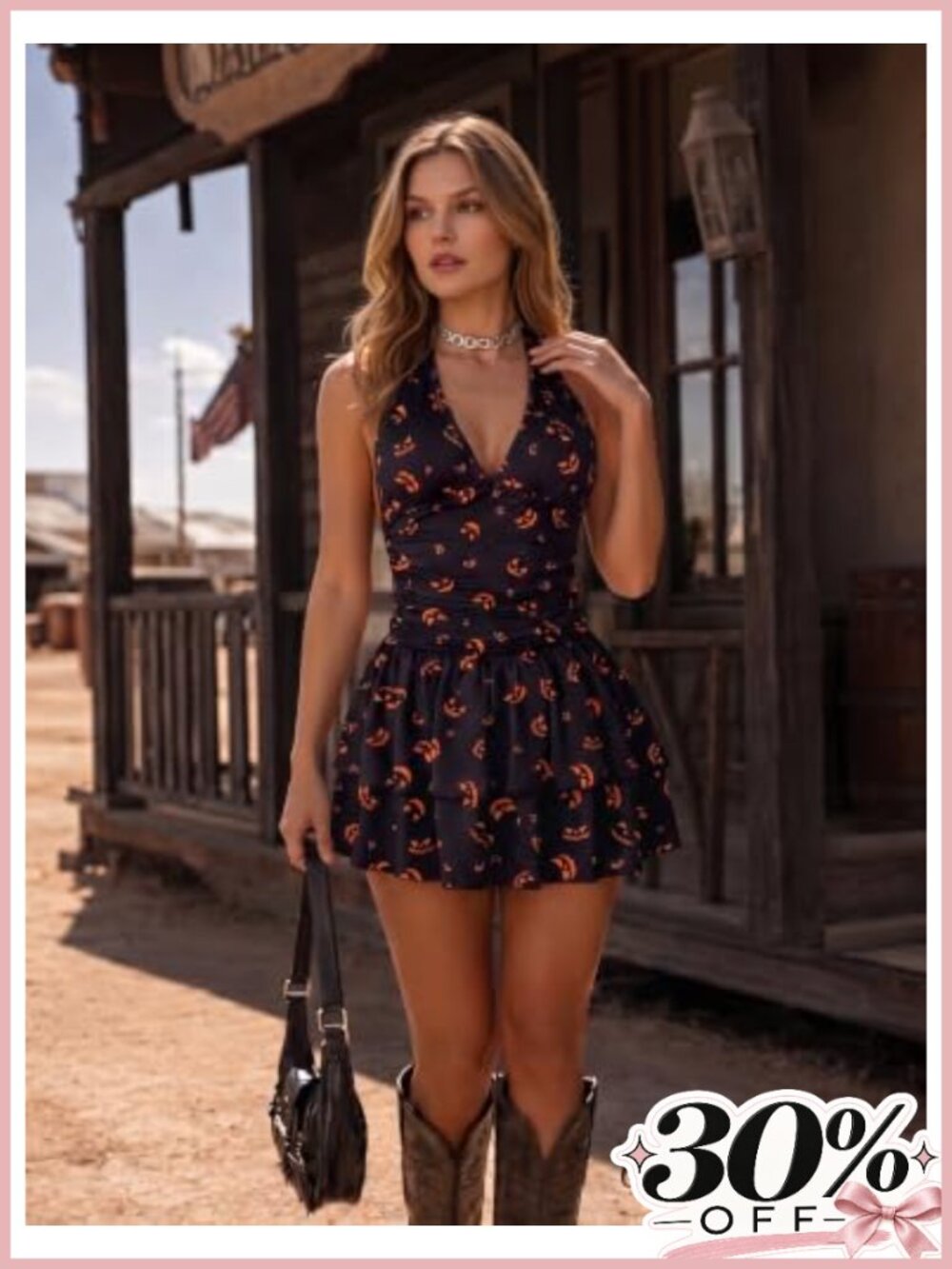 Women's V Neck Halter Mini Dress Short Party Dress - Picture 3 of 5